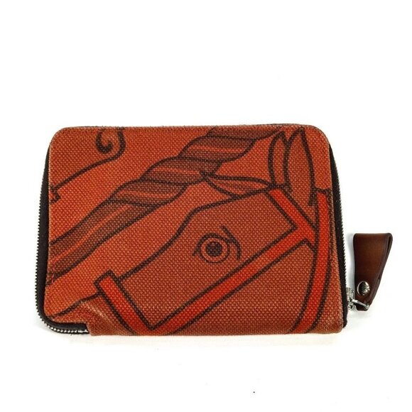 HERMES Horse Steeple PM Compact Wallet Zip Around Folded wallet Canvas Orange - Picture 3 of 12